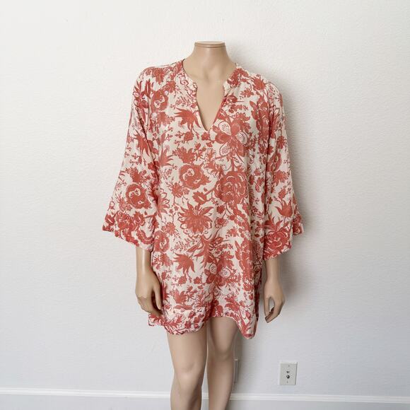 [World Market] Terracotta Pink Floral Print Tunic Top Coverup Split Neck Sz L XL - Picture 1 of 10